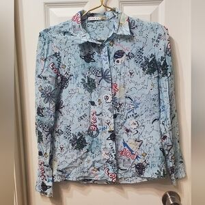 Alice + Olivia Blue Graphic Silk Shirt Size XS